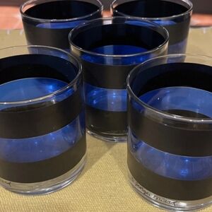 Rare Vintage Georges Briard Signed MCM Black & Blue Banded Old Fashion Glasses.